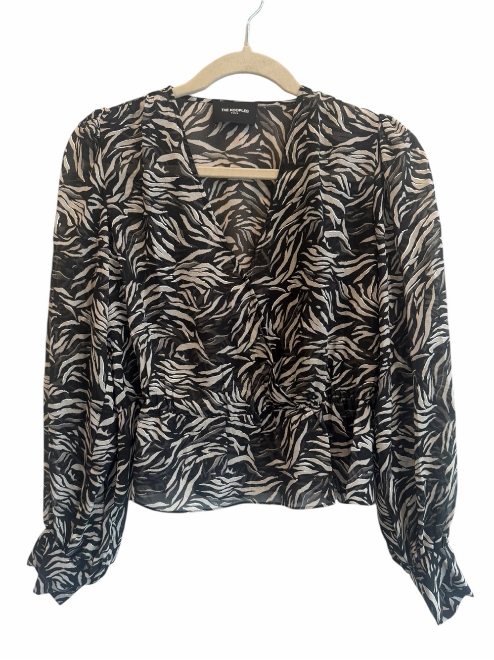 NWT The Kooples Paris Zebra Faux Wrap Blouse Puff Sleeve Top size small (T1)